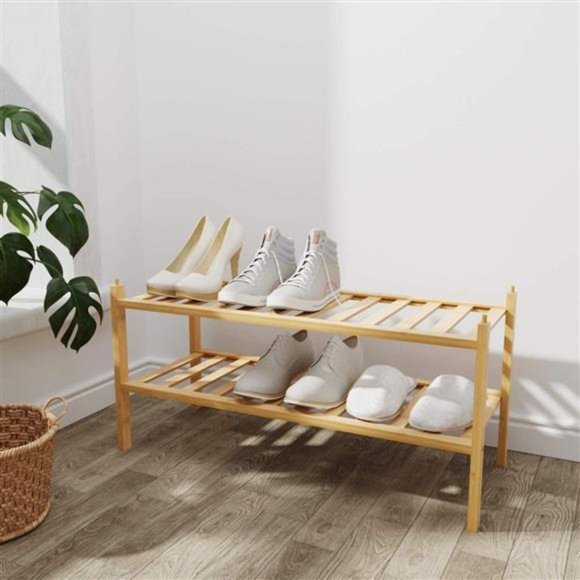 BAMFOX 2-Tier Shoe RackBamboo Stackable Shoe Storage Organizer Unit Entryway
